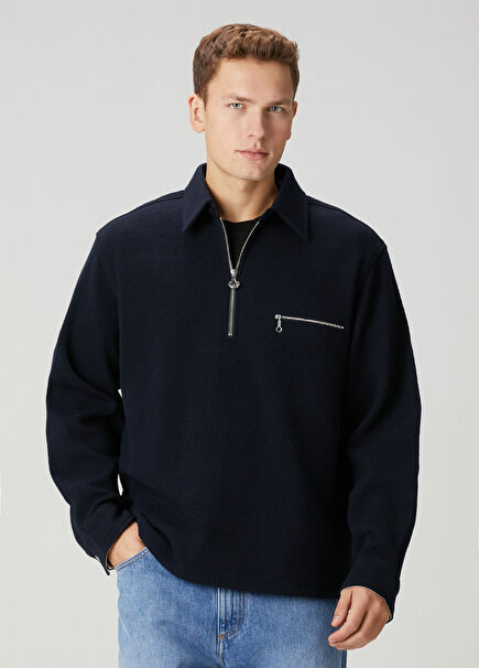 Navy Blue Collar Zippered Wool Sweater