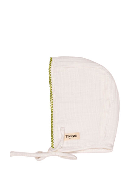 Muslin Newborn Green Crochet Detailed Bonnet Ecru