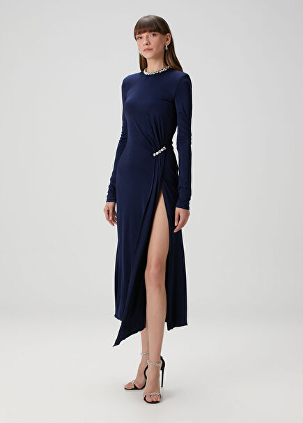 Lacivert Taşlı Midi Kokteyl Elbise