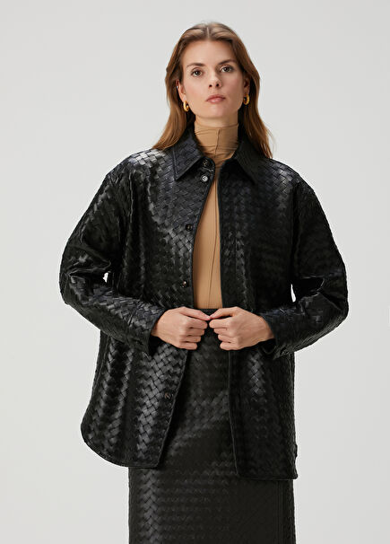 Intrecciato Black Leather Shirt