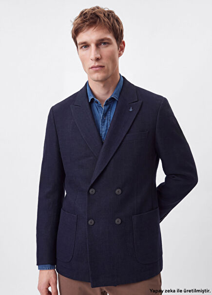 Navy Blue Dobby Double-Breasted Blazer