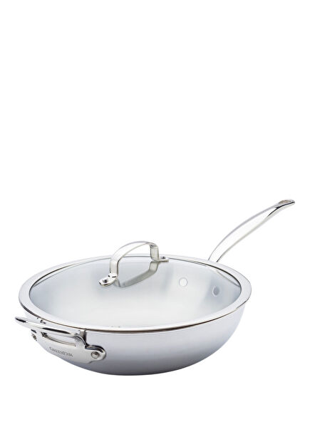 Premiere Pro 5-Ply Silver Stainless Steel Wok Pan with Glass Lid 30 cm