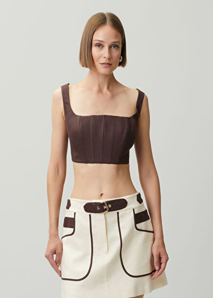 Maeve Kahverengi Crop Keten Bluz