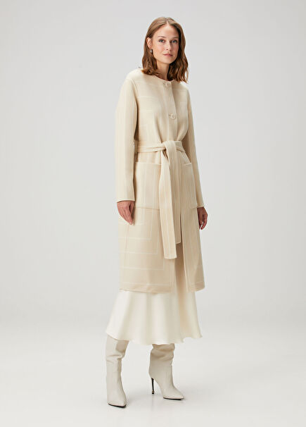 Scheffer Cream Line Pattern Jacquard Wool Coat