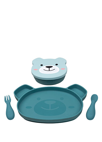 Boris Bear Mavi 5'li Silikon Vakumlu Yemek Seti 
