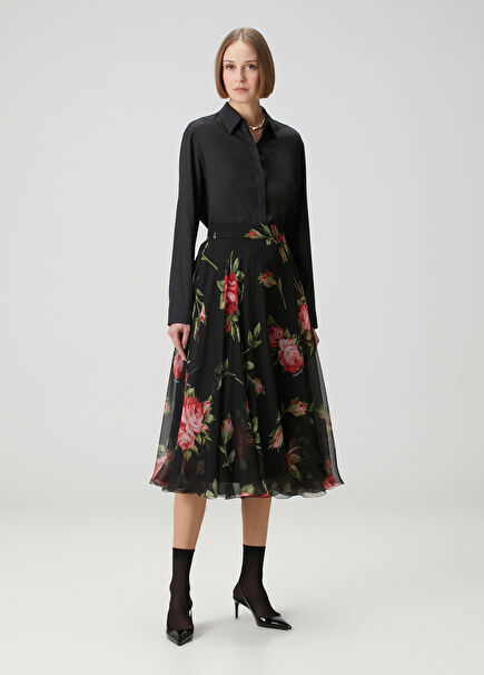 Red Black Midi Silk Skirt