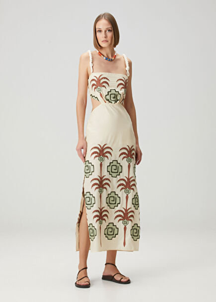 Cream Palm Embroidered Midi Beach Dress