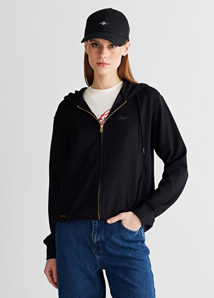 Siyah Regular Fit Kapüşonlu Fermuarlı Kadın Sweatshirt