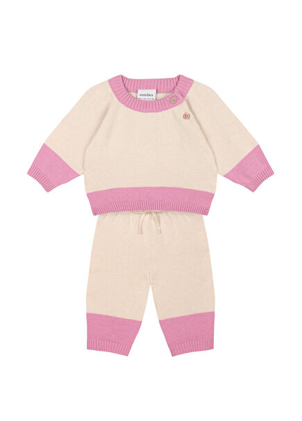Krem Rengi Pembe Kontrastlı Kazak Pantolon Kız Bebek 2'li Triko Set