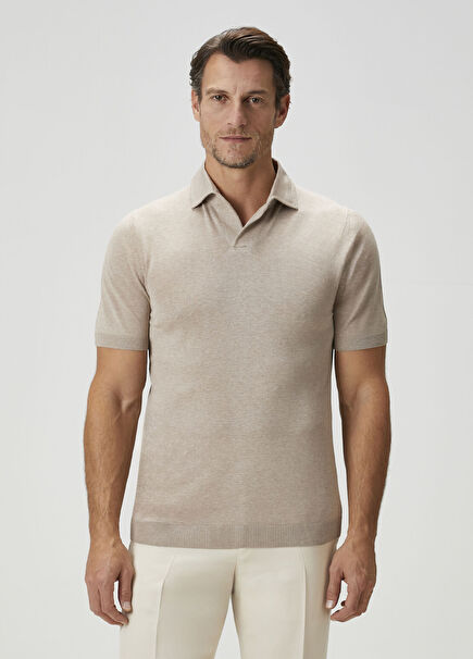 Bej Polo Yaka İpek T-shirt