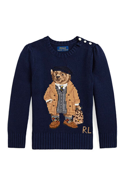 Navy Blue Teddy Bear Jacquard Girls Sweater