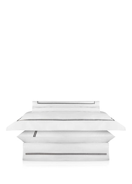 Karaia Grey Embroidered White Cotton Satin Double Duvet Cover Set 220 x 240 cm