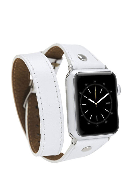 Silver Buckle Double Tour White Leather Apple Watch Smart Watch Band