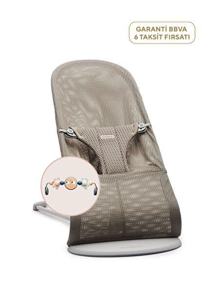 Bliss Mesh Grey Beige Baby Bouncer with Pastel Toy