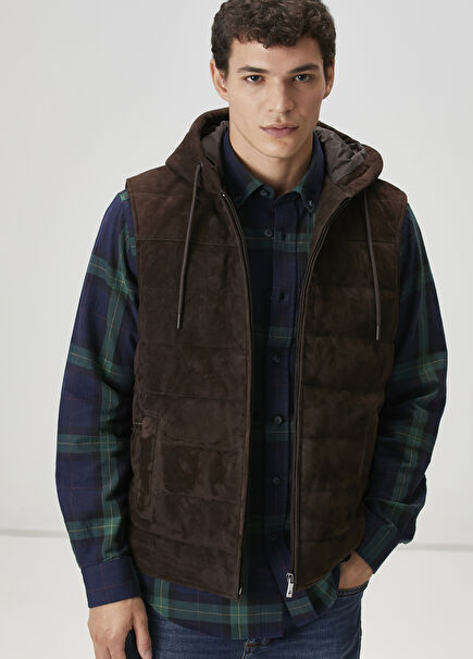 Dark Brown Hooded Suede Vest