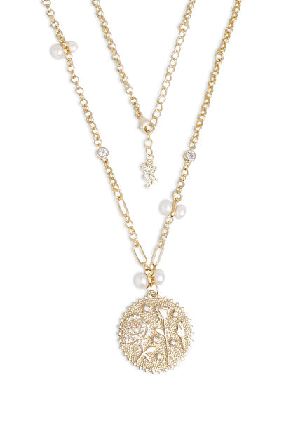 Love and Rose Medallion Silver 18K Yellow Gold Plated Women's Necklace