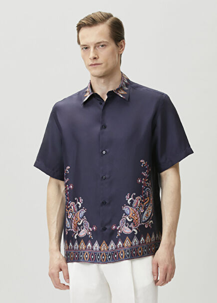 Navy Blue Ethnic Patterned Silk Shirt