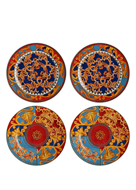Florence Blue Red Bone China Porcelain Baroque Patterned Standing 4-Piece Dinner Plate Set