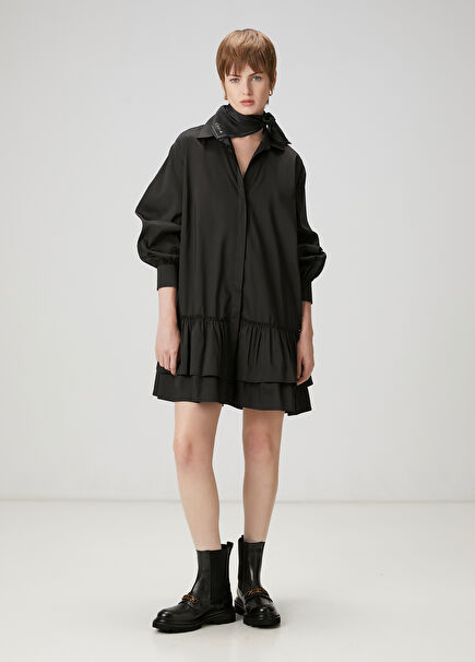 Siyah Fırfır Detaylı Mini Elbise