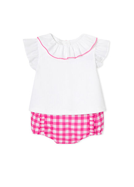 Beyaz Pembe Fırfır Detaylı T-shirt ve Şort 2'li Kız Bebek Set