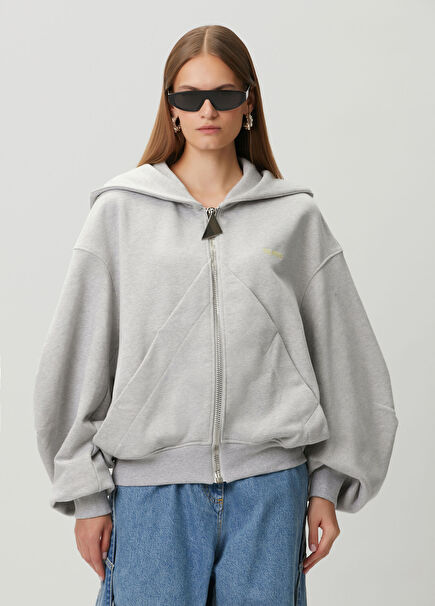 Gri Kapüşonlu Fermuarlı Sweatshirt