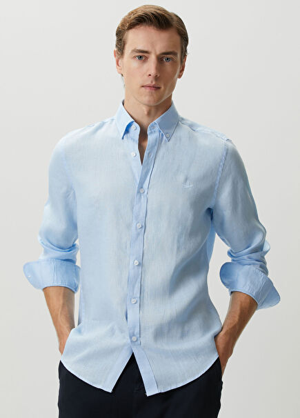Comfort Fit Linen Shirt With Blue Tonal Embroidery