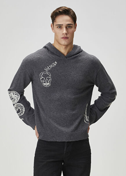 Malay Antrasit Kapüşonlu Yün Kazak