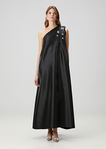 Black One Shoulder Embroidered Women's Long Evening Dress