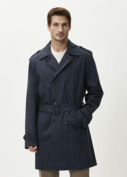 Navy Blue Belted Epaulette Double-Breasted Coat