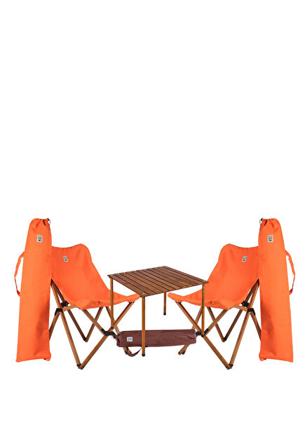 Kahverengi Turuncu Ahşap Katlanır Masa Sandalye Seti 