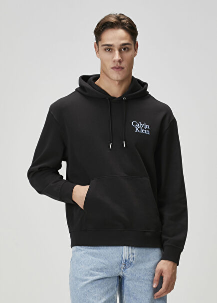 Siyah Kapüşonlu Logo Nakışlı Sweatshirt
