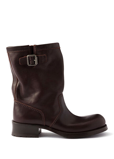 Kahverengi Deri Kadın Diz Altı Çizme