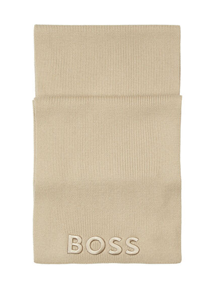 Bej Logo Nakışlı Yün Atkı