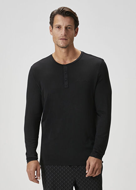 Henley Siyah Yakası Düğmeli Pijama Üstü