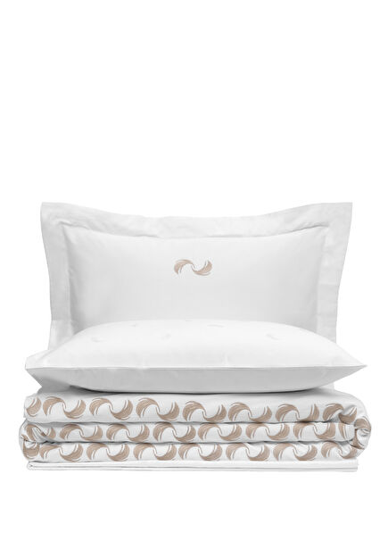 Andlös Bej Kuş Tüyü Jakarlı ve Nakışlı Organik Pamuk Battal Boy Çift Kişilik Nevresim Takımı