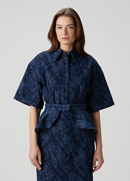 Koyu Mavi Desenli Denim Gömlek