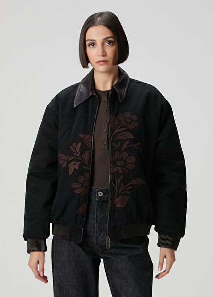 Siyah Nakışlı Denim Ceket