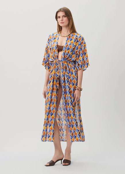 Coffee Blue Patterned Kimono