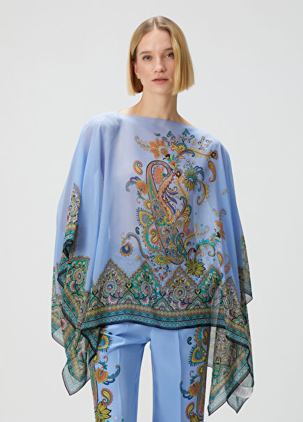 Blue Paisley Patterned Silk Cape