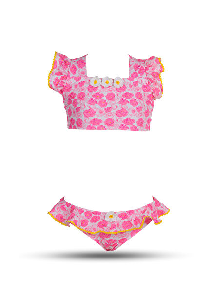 Pink Floral Patterned Ruffled U-Neck Girls' Bikini Set