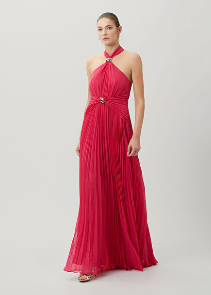 Koyu Pembe Halter Yaka Maksi Şifon Abiye Elbise