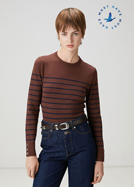 Kahve Lacivert Çizgili Basic Kazak