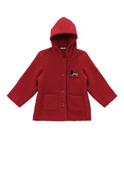 Bordo Köpek Nakışlı Peluş Unisex Çocuk Kaban