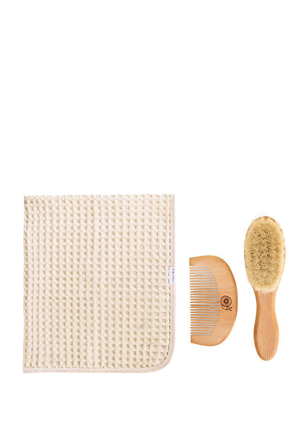 Cotton Waffle Blanket and Natural Natural Goat Hair Baby Brush Set