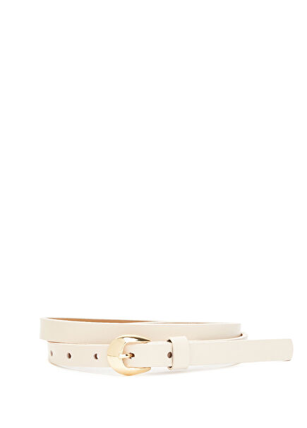 Ekru Bombe Tokalı Kadın İnce Deri Kemer