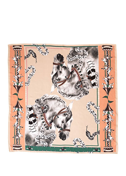 Delusion Atlar ve Yılanlar Bej İpek Twill Kadın Şal 135 cm