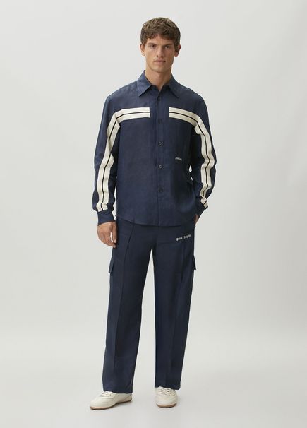 Dark Blue Contrast Striped Cargo Linen Pants