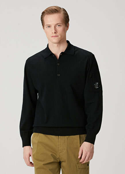 Siyah Polo Yaka Yün Kazak