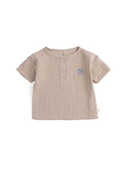 Beige Cotton Muslin Button Short Sleeve Unisex Baby T-shirt