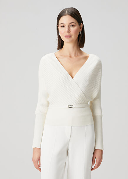 Ecru Wool Double-Breasted Sweater